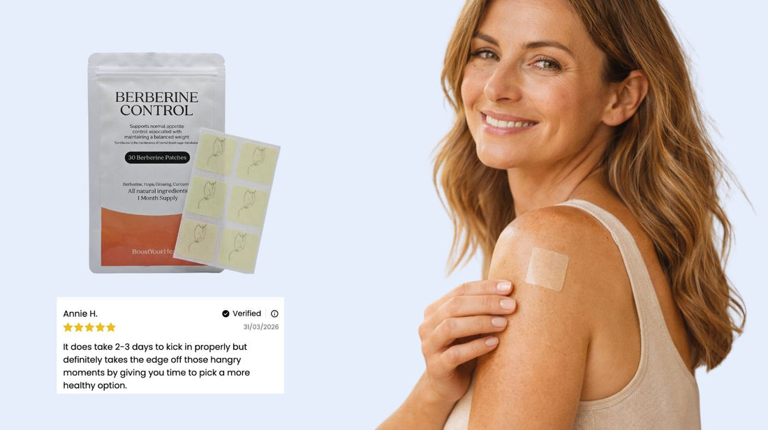 Image of happy health middle aged woman wearing a appetite management Berberine weightloss patch
