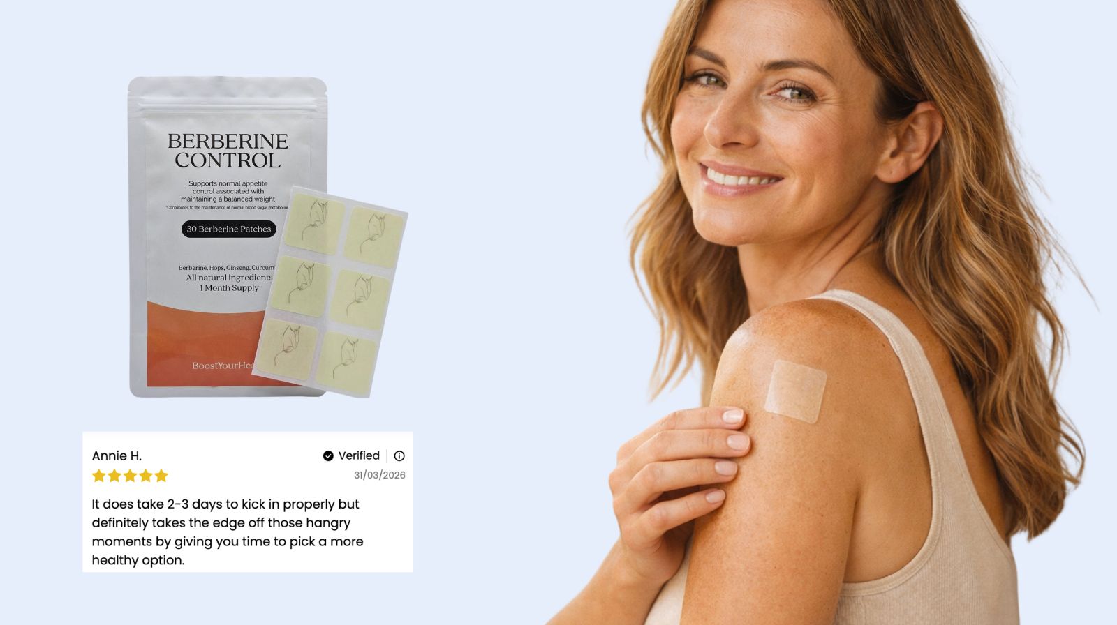 Image of happy health middle aged woman wearing a appetite management Berberine weightloss patch